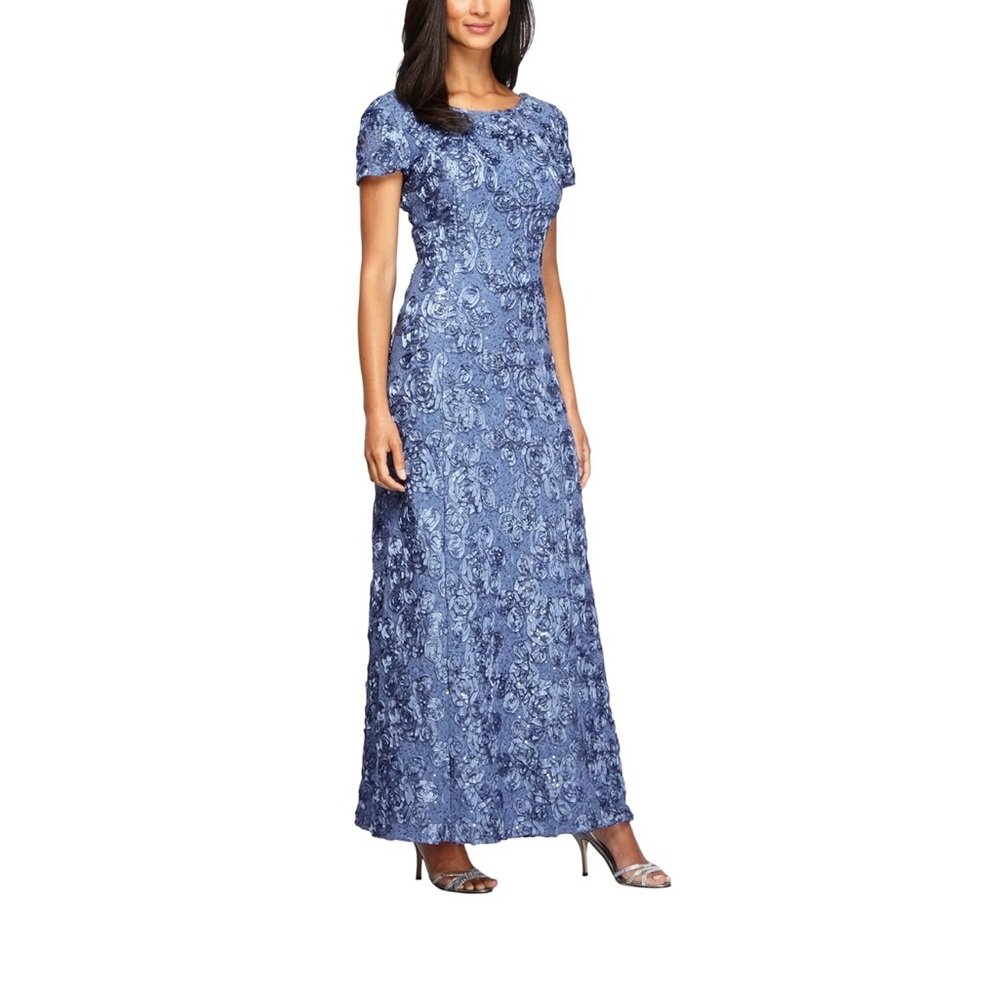 Alex Evenings Blue Floral Lace Maxi Dress